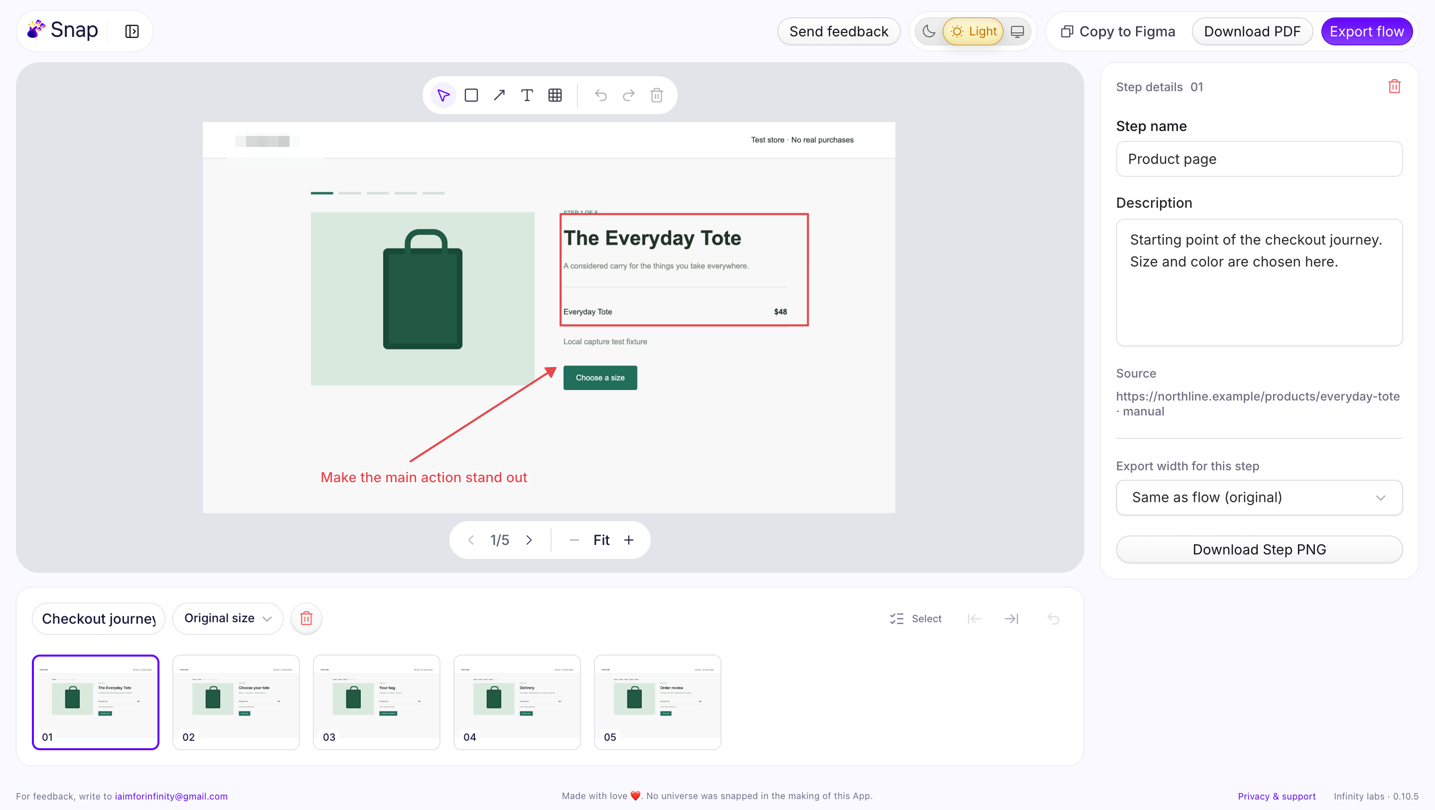 Snap editor showing the steps of a checkout flow